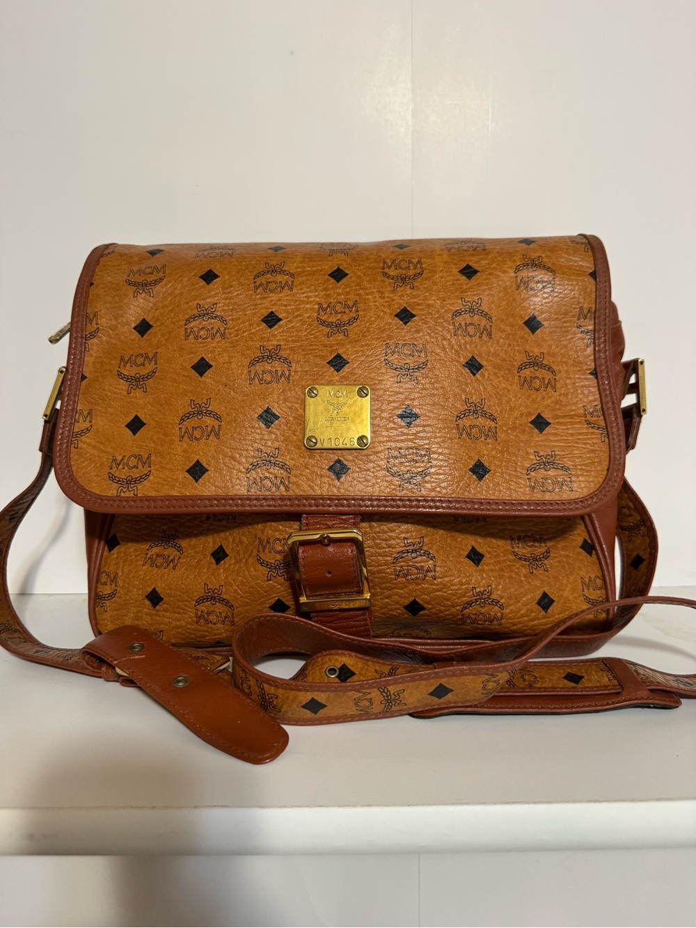 MCM Cognac Visetos Messenger Bag with Gold Plaque